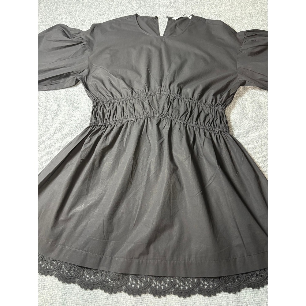 Zara Black Poplin Puff Sleeve Smocked Mini Dress with Lace Trim Small
